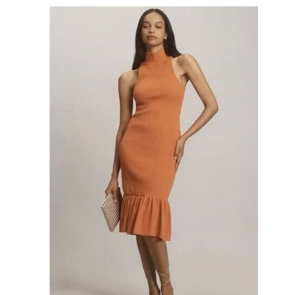 Anthropologie Sleeveless Smocked Mock-Neck Textured Midi Dress Sz M #NB456